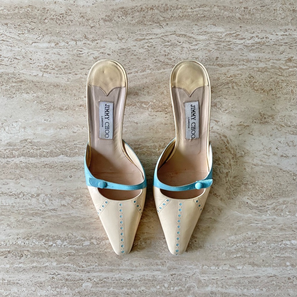Jimmy Choo Cream and Light Blue Pointed Toe Mules